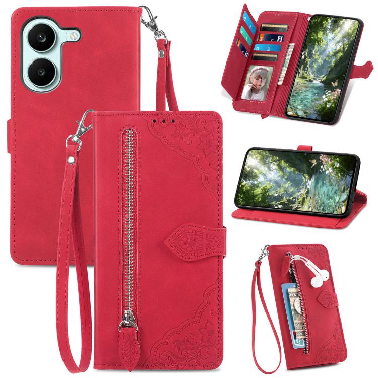 Embossed Flower Zipper Leather Phone Case, For Xiaomi Poco X8 Pro Max 5G, For Xiaomi Poco X8 Pro 5G, For Redmi Turbo 5 Max 5G, For Redmi Turbo 5 5G