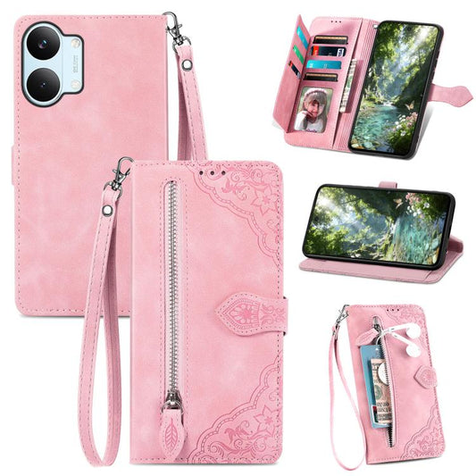 Embossed Flower Zipper Leather Phone Case, For Xiaomi Poco X8 Pro Max 5G, For Xiaomi Poco X8 Pro 5G, For Redmi Turbo 5 Max 5G, For Redmi Turbo 5 5G