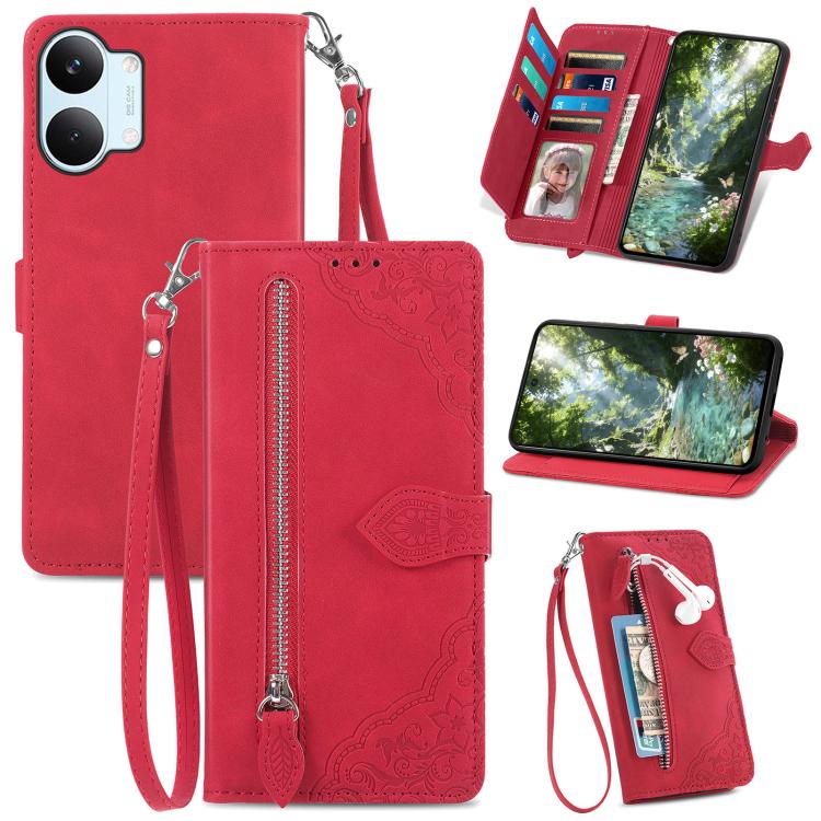 Embossed Flower Zipper Leather Phone Case, For Xiaomi Poco X8 Pro Max 5G, For Xiaomi Poco X8 Pro 5G, For Redmi Turbo 5 Max 5G, For Redmi Turbo 5 5G
