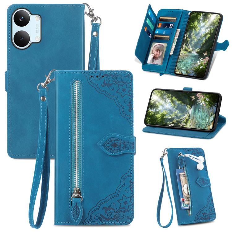 Embossed Flower Zipper Leather Phone Case, For Xiaomi Poco X8 Pro Max 5G, For Xiaomi Poco X8 Pro 5G, For Redmi Turbo 5 Max 5G, For Redmi Turbo 5 5G