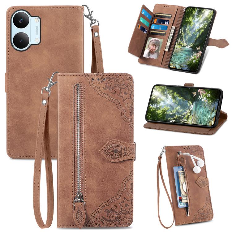 Embossed Flower Zipper Leather Phone Case, For Xiaomi Poco X8 Pro Max 5G, For Xiaomi Poco X8 Pro 5G, For Redmi Turbo 5 Max 5G, For Redmi Turbo 5 5G