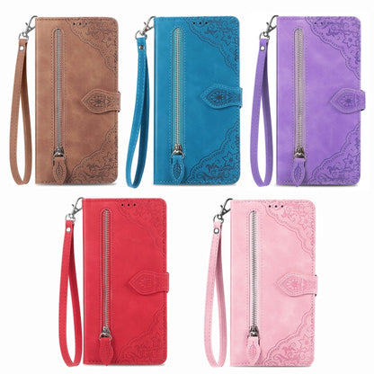 Embossed Flower Zipper Leather Phone Case, For Xiaomi Redmi Note 14 Pro+ 5G, For Xiaomi Redmi Note 14 Pro 5G, For Xiaomi Redmi 13 4G, For Xiaomi Redmi Turbo 3 5G