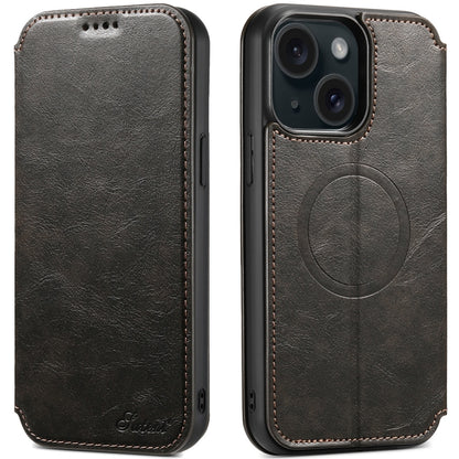 Suteni J05 Leather Magnetic MagSafe Phone Case, For iPhone 15 Pro, For iPhone 15 Plus, For iPhone 15