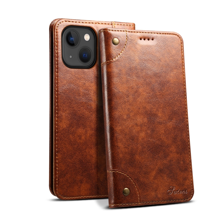 Suteni Baroque Calf Texture Buckle Wallet Leather Phone Case, For iPhone 15
