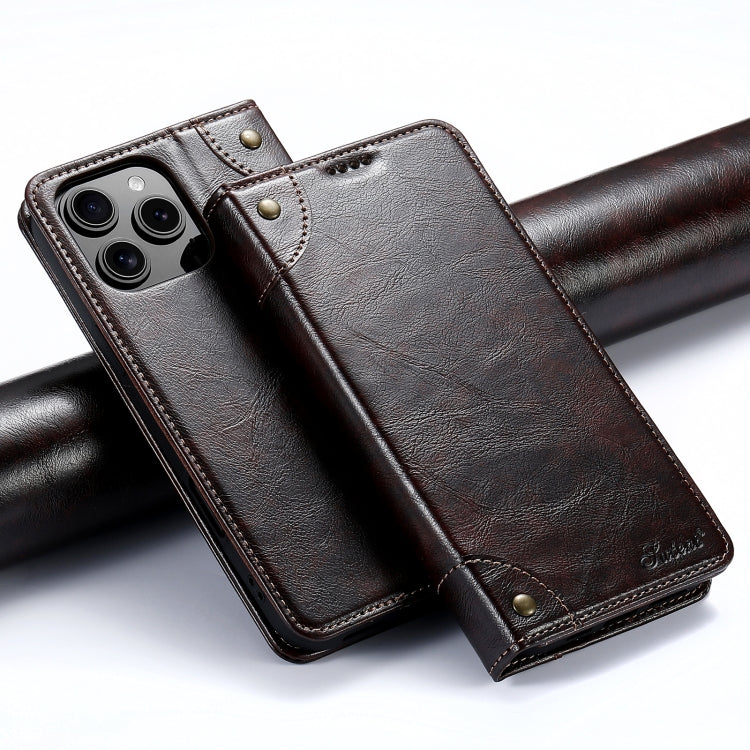 Suteni Baroque Calf Texture Buckle Wallet Leather Phone Case, For iPhone 16 Pro, For iPhone 16 Plus, For iPhone 16, For iPhone 15 Pro Max, For iPhone 15 Pro, For iPhone 15 Plus
