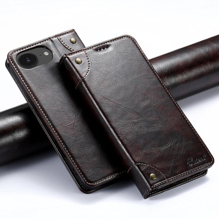 Suteni Baroque Calf Texture Buckle Wallet Leather Phone Case, For iPhone 17e / 16e, For iPhone 17 Pro Max, For iPhone 17 Pro, For iPhone 17, For iPhone Air, For iPhone 16 Pro Max