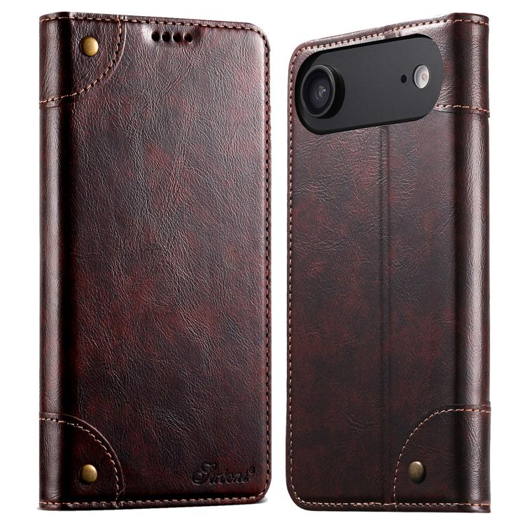 Suteni Baroque Calf Texture Buckle Wallet Leather Phone Case, For iPhone 17e / 16e, For iPhone 17 Pro Max, For iPhone 17 Pro, For iPhone 17, For iPhone Air, For iPhone 16 Pro Max