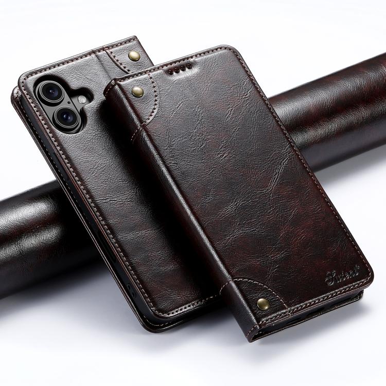 Suteni Baroque Calf Texture Buckle Wallet Leather Phone Case, For iPhone 17e / 16e, For iPhone 17 Pro Max, For iPhone 17 Pro, For iPhone 17, For iPhone Air, For iPhone 16 Pro Max