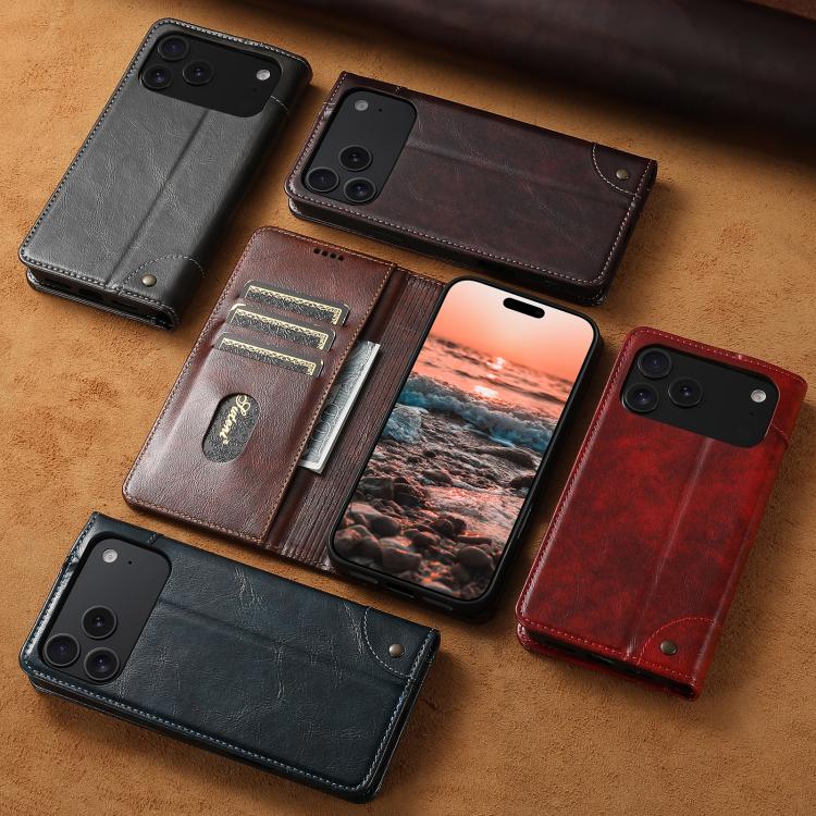 Suteni Baroque Calf Texture Buckle Wallet Leather Phone Case, For iPhone 15