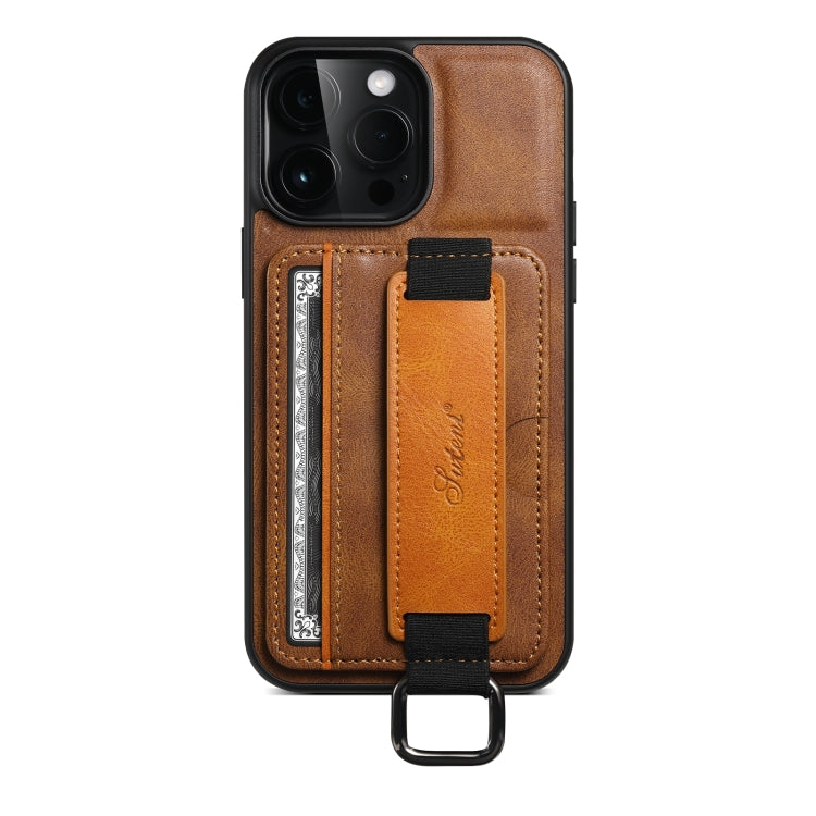 Suteni H13 Card Wallet Wrist Strap Holder PU Phone Case, For iPhone 16 Pro, For iPhone 16 Plus, For iPhone 16, For iPhone 15 Pro Max, For iPhone 15 Pro, For iPhone 15 Plus, For iPhone 15, For iPhone 17e / 16e