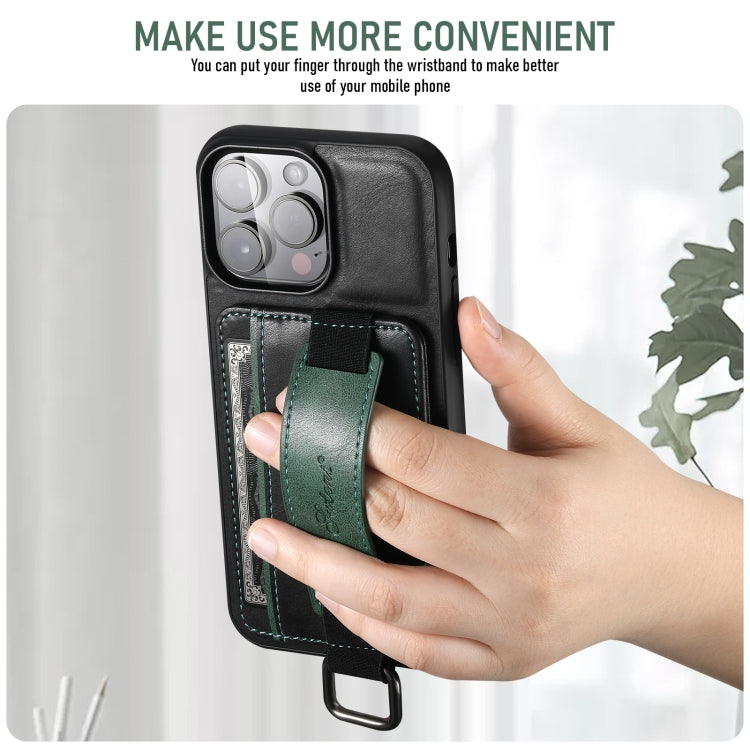 Suteni H13 Card Wallet Wrist Strap Holder PU Phone Case, For iPhone 16 Pro, For iPhone 16 Plus, For iPhone 16, For iPhone 15 Pro Max, For iPhone 15 Pro, For iPhone 15 Plus, For iPhone 15, For iPhone 17e / 16e