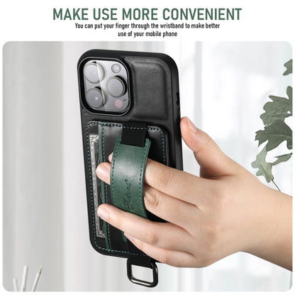 Suteni H13 Card Wallet Wrist Strap Holder PU Phone Case, For iPhone 16 Pro, For iPhone 16 Plus, For iPhone 16, For iPhone 15 Pro Max, For iPhone 15 Pro, For iPhone 15 Plus, For iPhone 15, For iPhone 17e / 16e
