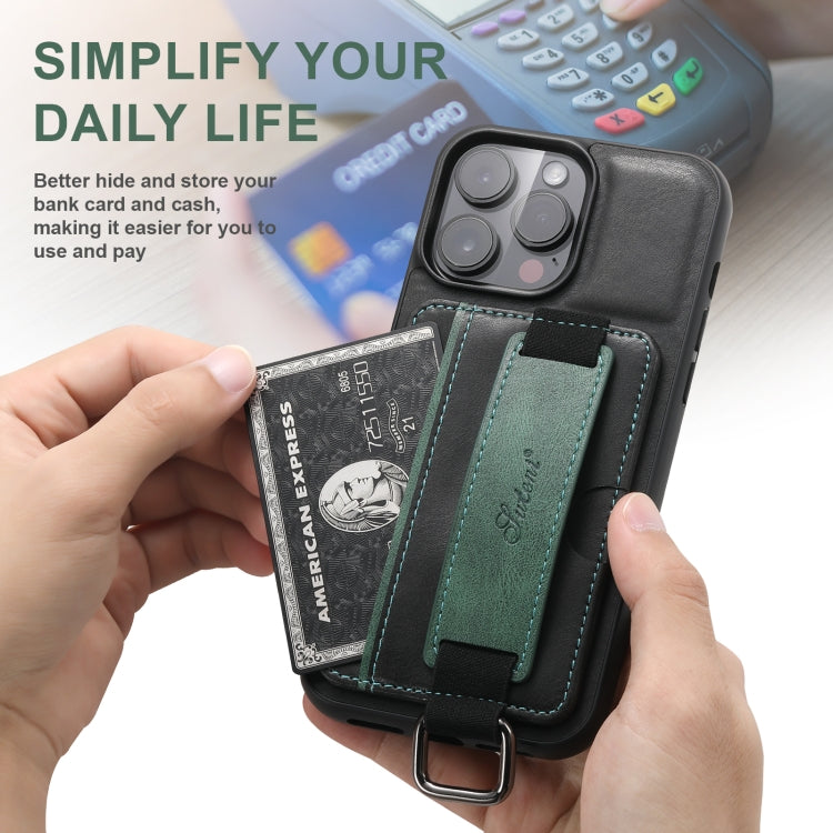 Suteni H13 Card Wallet Wrist Strap Holder PU Phone Case, For iPhone 16 Pro, For iPhone 16 Plus, For iPhone 16, For iPhone 15 Pro Max, For iPhone 15 Pro, For iPhone 15 Plus, For iPhone 15, For iPhone 17e / 16e