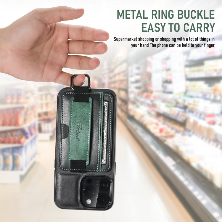 Suteni H13 Card Wallet Wrist Strap Holder PU Phone Case, For iPhone 16 Pro, For iPhone 16 Plus, For iPhone 16, For iPhone 15 Pro Max, For iPhone 15 Pro, For iPhone 15 Plus, For iPhone 15, For iPhone 17e / 16e