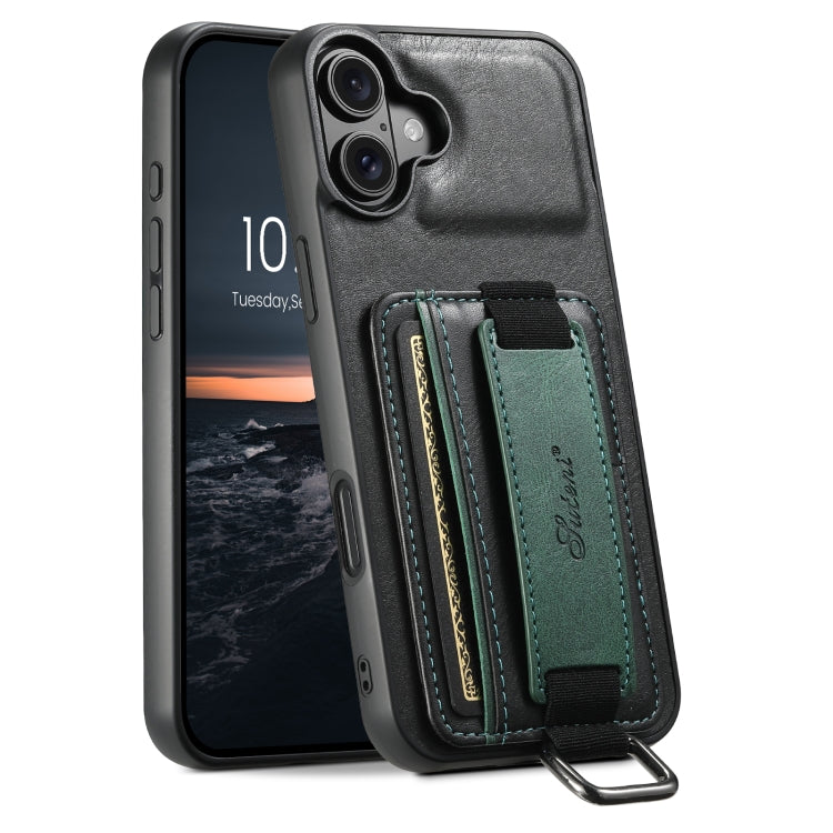 Suteni H13 Card Wallet Wrist Strap Holder PU Phone Case, For iPhone 16 Pro, For iPhone 16 Plus, For iPhone 16, For iPhone 15 Pro Max, For iPhone 15 Pro, For iPhone 15 Plus, For iPhone 15, For iPhone 17e / 16e