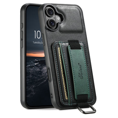 Suteni H13 Card Wallet Wrist Strap Holder PU Phone Case, For iPhone 16 Pro, For iPhone 16 Plus, For iPhone 16, For iPhone 15 Pro Max, For iPhone 15 Pro, For iPhone 15 Plus, For iPhone 15, For iPhone 17e / 16e