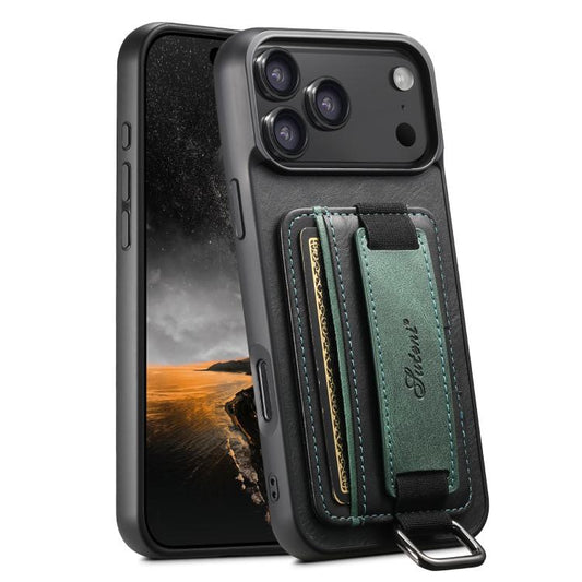 Suteni H13 Card Wallet Wrist Strap Holder PU Phone Case, For iPhone 18 Pro, For iPhone 18 Pro Max, For iPhone 17 Pro Max, For iPhone 17 Pro, For iPhone 17, For iPhone  Air, For iPhone 16 Pro Max, For iPhone 16 Pro
