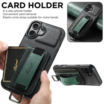 Suteni H13 Card Wallet Wrist Strap Holder PU Phone Case, For iPhone 18, For iPhone 18 Pro, For iPhone 18 Pro Max, For iPhone 17 Pro Max, For iPhone 17 Pro, For iPhone 17, For iPhone  Air, For iPhone 16 Pro Max