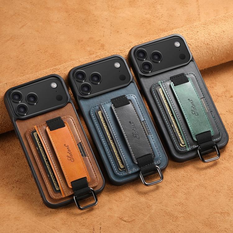 Suteni H13 Card Wallet Wrist Strap Holder PU Phone Case, For iPhone 16 Pro, For iPhone 16 Plus, For iPhone 16, For iPhone 15 Pro Max, For iPhone 15 Pro, For iPhone 15 Plus, For iPhone 15, For iPhone 17e / 16e
