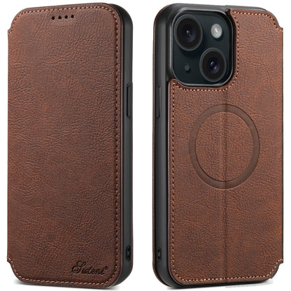 Suteni J06 Retro Matte Litchi Texture Leather MagSafe Phone Case, For iPhone 16 Pro, For iPhone 16 Plus, For iPhone 16, For iPhone 15 Pro Max, For iPhone 15 Pro, For iPhone 15 Plus, For iPhone 15