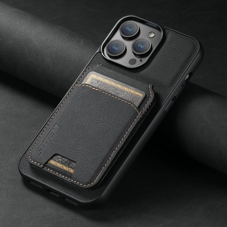 Suteni H02 Litchi Leather Card Wallet Stand Back Phone Case, For iPhone 16, For iPhone 15 Pro Max, For iPhone 15 Pro, For iPhone 15 Plus