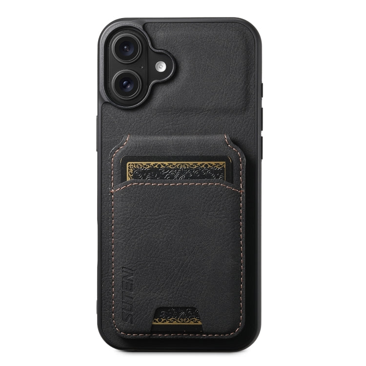 Suteni H02 Litchi Leather Card Wallet Stand Back Phone Case, For iPhone 16, For iPhone 15 Pro Max, For iPhone 15 Pro, For iPhone 15 Plus