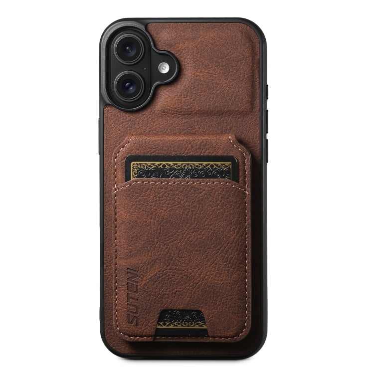 Suteni H02 Litchi Leather Card Wallet Stand Back Phone Case, For iPhone 16, For iPhone 15 Pro Max, For iPhone 15 Pro, For iPhone 15 Plus