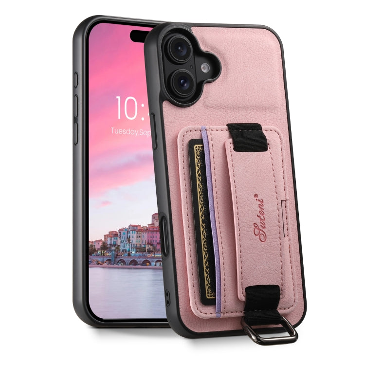 Suteni H13 Litchi Leather Wrist Strap Wallet Back Phone Case, For iPhone 17e / 16e, For iPhone 16 Pro Max, For iPhone 16 Pro, For iPhone 16 Plus