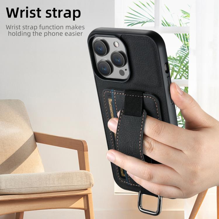 Suteni H13 Litchi Leather Wrist Strap Wallet Back Phone Case, For iPhone 17e / 16e, For iPhone 16 Pro Max, For iPhone 16 Pro, For iPhone 16 Plus