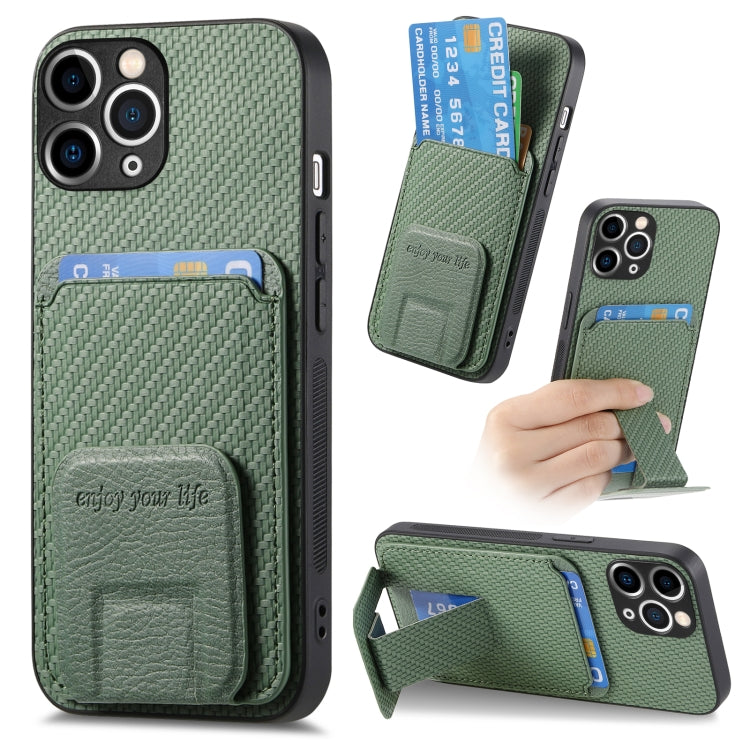 Carbon Fiber Card Bag Fold Stand Phone Case, For iPhone 11 Pro Max, For iPhone 11, For iPhone 11 Pro, For iPhone X / XS