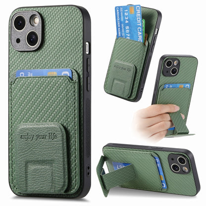 Carbon Fiber Card Bag Fold Stand Phone Case, For iPhone 15, For iPhone 14 Plus, For iPhone 14, For iPhone 14 Pro