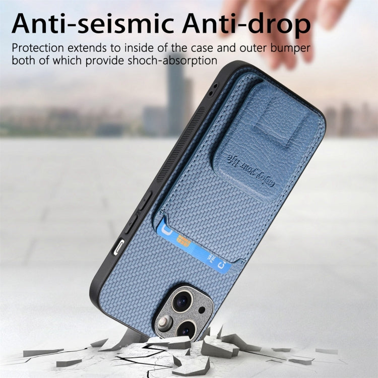 Carbon Fiber Card Bag Fold Stand Phone Case, For iPhone 15, For iPhone 14 Plus, For iPhone 14, For iPhone 14 Pro