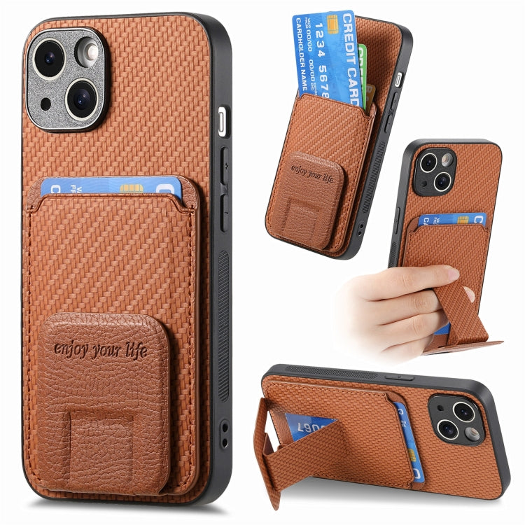 Carbon Fiber Card Bag Fold Stand Phone Case, For iPhone 15, For iPhone 14 Plus, For iPhone 14, For iPhone 14 Pro