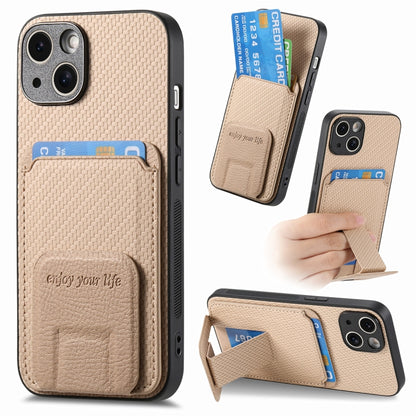 Carbon Fiber Card Bag Fold Stand Phone Case, For iPhone 15, For iPhone 14 Plus, For iPhone 14, For iPhone 14 Pro