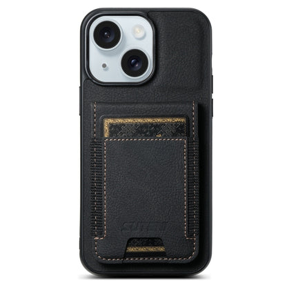 Suteni H03 Litchi Leather Card Bag Stand Back Phone Case, For iPhone 16, For iPhone 15 Pro Max, For iPhone 15 Pro, For iPhone 15 Plus