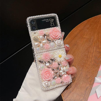 Rose Hand-set Diamond PC Phone Case, For Samsung Galaxy Z Flip6, For Samsung Galaxy Z Flip5, For Samsung Galaxy Z Flip4, For Samsung Galaxy Z Flip3 5G
