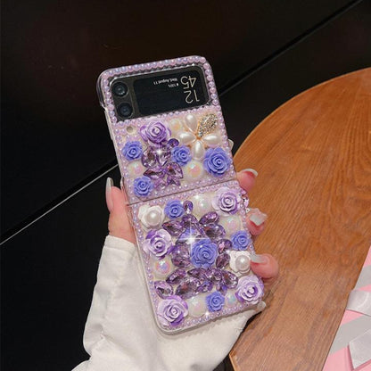 Rose Hand-set Diamond PC Phone Case, For Samsung Galaxy Z Flip6, For Samsung Galaxy Z Flip5, For Samsung Galaxy Z Flip4, For Samsung Galaxy Z Flip3 5G