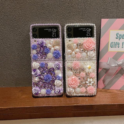 Rose Hand-set Diamond PC Phone Case, For Samsung Galaxy Z Flip6, For Samsung Galaxy Z Flip5, For Samsung Galaxy Z Flip4, For Samsung Galaxy Z Flip3 5G