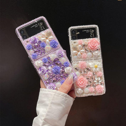 Rose Hand-set Diamond PC Phone Case, For Samsung Galaxy Z Flip6, For Samsung Galaxy Z Flip5, For Samsung Galaxy Z Flip4, For Samsung Galaxy Z Flip3 5G