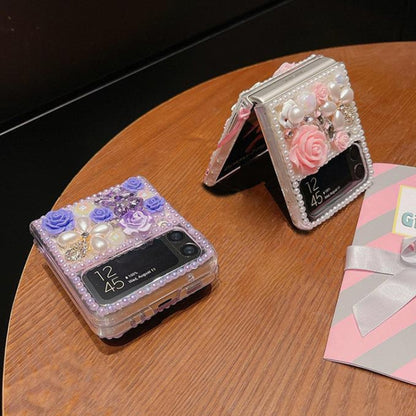 Rose Hand-set Diamond PC Phone Case, For Samsung Galaxy Z Flip6, For Samsung Galaxy Z Flip5, For Samsung Galaxy Z Flip4, For Samsung Galaxy Z Flip3 5G