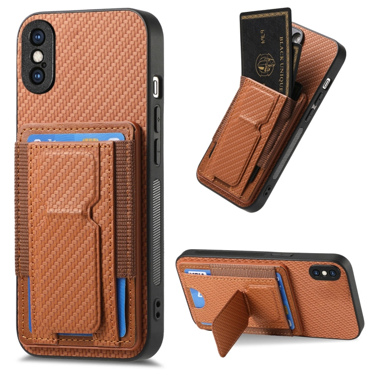 Carbon Fiber Fold Stand Elastic Card Bag Phone Case, For iPhone XR, For iPhone XS Max, For iPhone 7 Plus / 8 Plus, For iPhone 6 Plus / 6s Plus