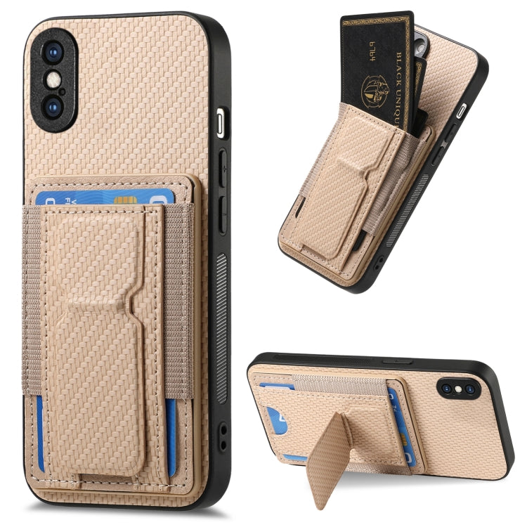 Carbon Fiber Fold Stand Elastic Card Bag Phone Case, For iPhone XR, For iPhone XS Max, For iPhone 7 Plus / 8 Plus, For iPhone 6 Plus / 6s Plus