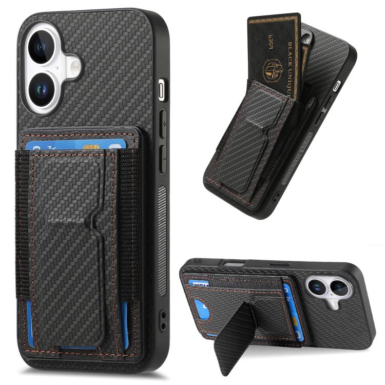 Carbon Fiber Fold Stand Elastic Card Bag Phone Case, For iPhone 17e / 16e, For iPhone 17 Pro Max, For iPhone 17 Pro, For iPhone 17