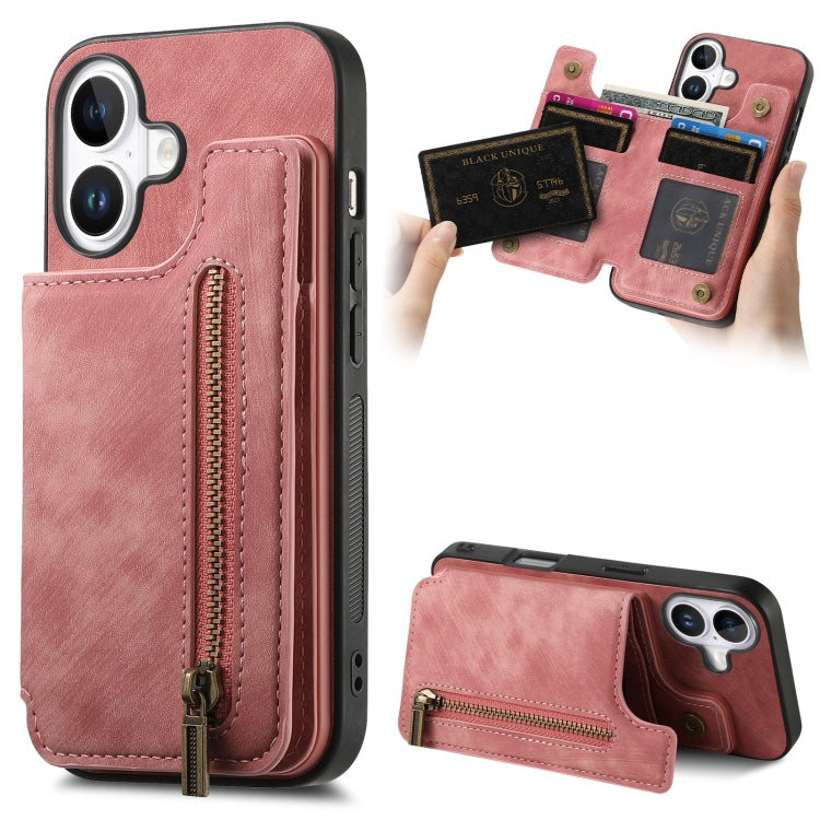 Retro Leather Zipper Wallet Back Phone Case, For iPhone Air, For iPhone 16 Pro Max, For iPhone 16 Pro, For iPhone 16 Plus