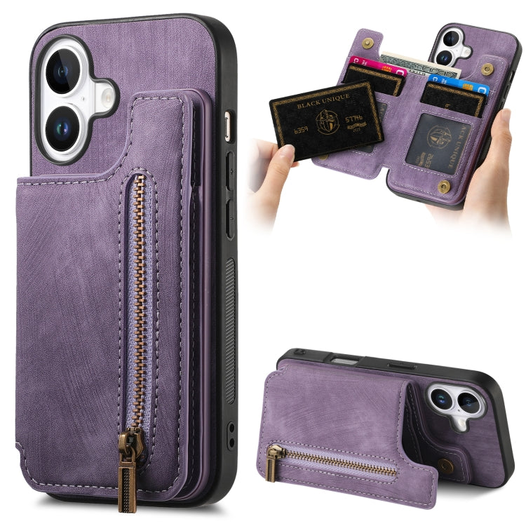 Retro Leather Zipper Wallet Back Phone Case, For iPhone 16e, For iPhone 16 Pro Max, For iPhone 16 Pro, For iPhone 16 Plus
