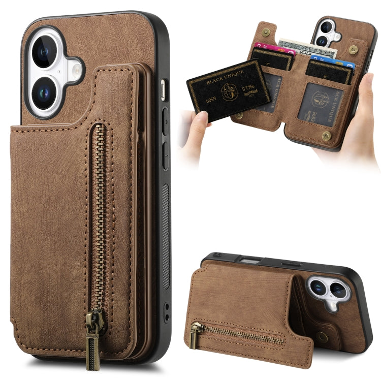 Retro Leather Zipper Wallet Back Phone Case, For iPhone Air, For iPhone 16 Pro Max, For iPhone 16 Pro, For iPhone 16 Plus