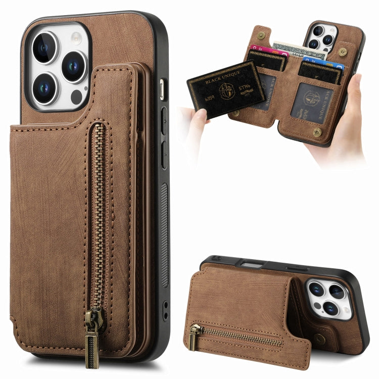 Retro Leather Zipper Wallet Back Phone Case, For iPhone 16e, For iPhone 16 Pro Max, For iPhone 16 Pro, For iPhone 16 Plus