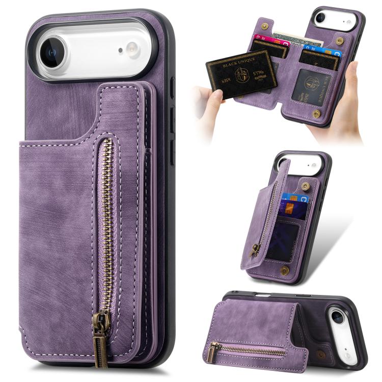 Retro Leather Zipper Wallet Back Phone Case, For iPhone Air, For iPhone 16 Pro Max, For iPhone 16 Pro, For iPhone 16 Plus