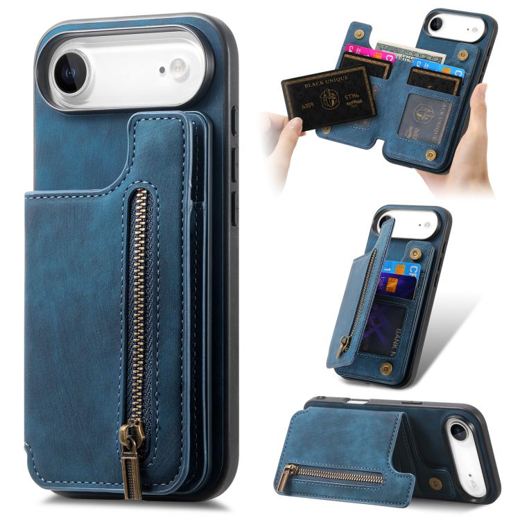 Retro Leather Zipper Wallet Back Phone Case, For iPhone Air, For iPhone 16 Pro Max, For iPhone 16 Pro, For iPhone 16 Plus