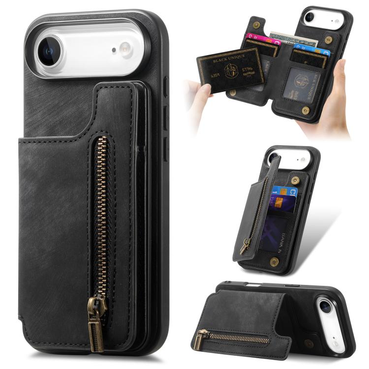 Retro Leather Zipper Wallet Back Phone Case, For iPhone Air, For iPhone 16 Pro Max, For iPhone 16 Pro, For iPhone 16 Plus